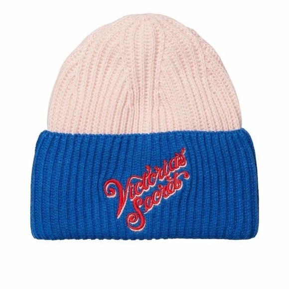 VICTORIAS SECRET KNIT WINTER COLORBLOCK LOGO BEANIE HAT - Picture 1 of 1